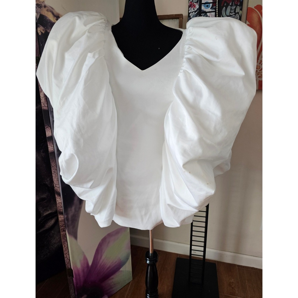 Akira Womens White Oversized Puff Sleeve V-Neck Blouse Dramatic Ruched Top M